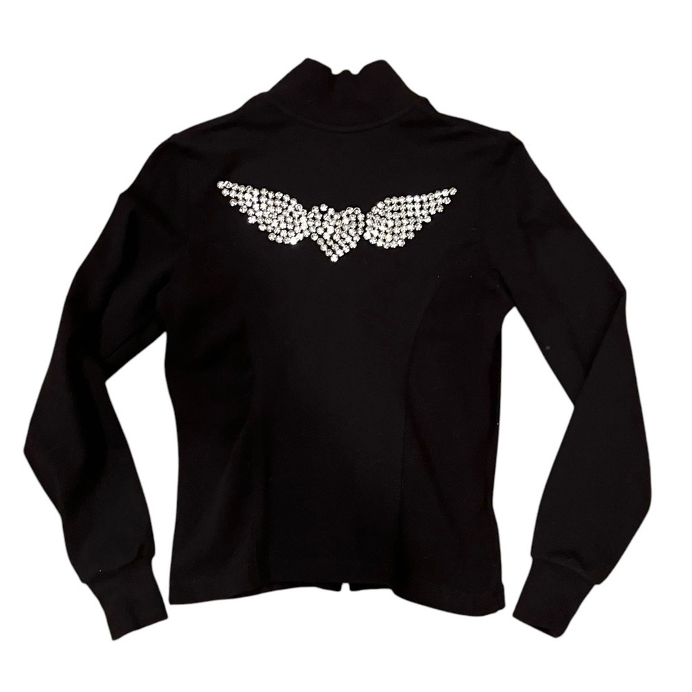 Bebe Sport Black Cotton Zip Up Jacket with Heart and Wings Chunky Rhinestones